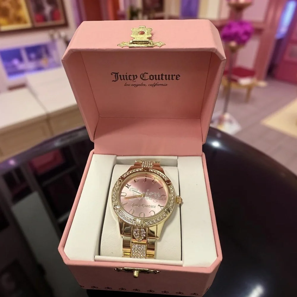 Juicy Couture Los Angeles NWT Statement Gold Pink Face Bling Rhinestone Watch - Picture 4 of 8